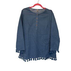 Double Cotton Slub Nima Shirt Tassels Blue Long Sleeve Top Size L By Embellish